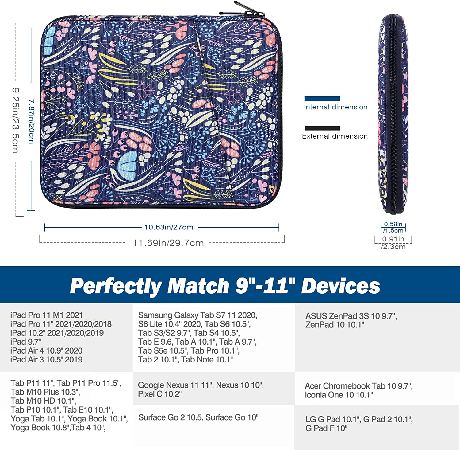 MoKo 9-11 Inch Tablet Sleeve Case, Fits iPad air 5 10.9" 2022, iPad Pro 11 2021-2018, iPad 10.2 2021-2019, iPad Air 4 10.9, Tab S8/A7, Protective Bag Carrying Case with Pocket, Night Blue