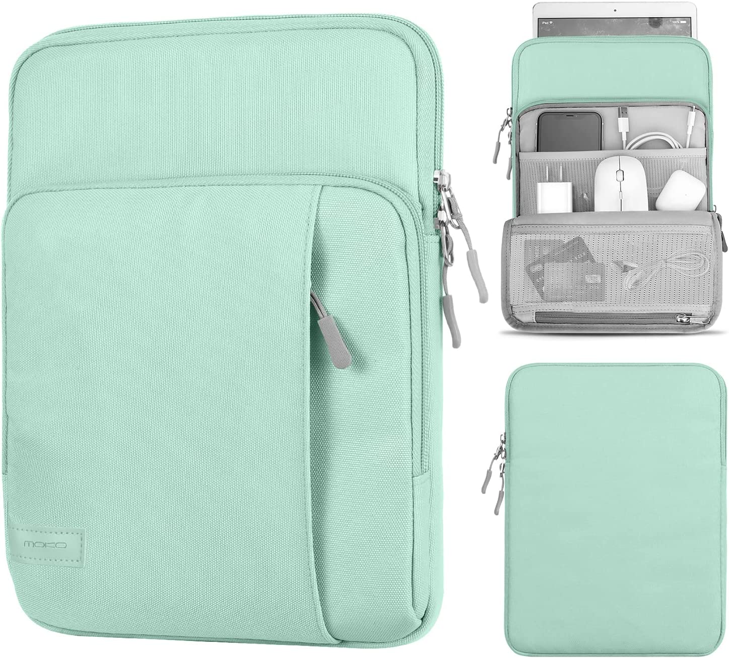 MoKo 9-11 Inch Tablet Sleeve Bag Carrying Case with Storage Pockets Fits iPad air 5 10.9" 2022, iPad Pro 11 2021/2020, iPad 9/8/7th Gen 10.2, iPad Air 4 10.9, Tab A 10.1, Tab S8 11", Mint Green