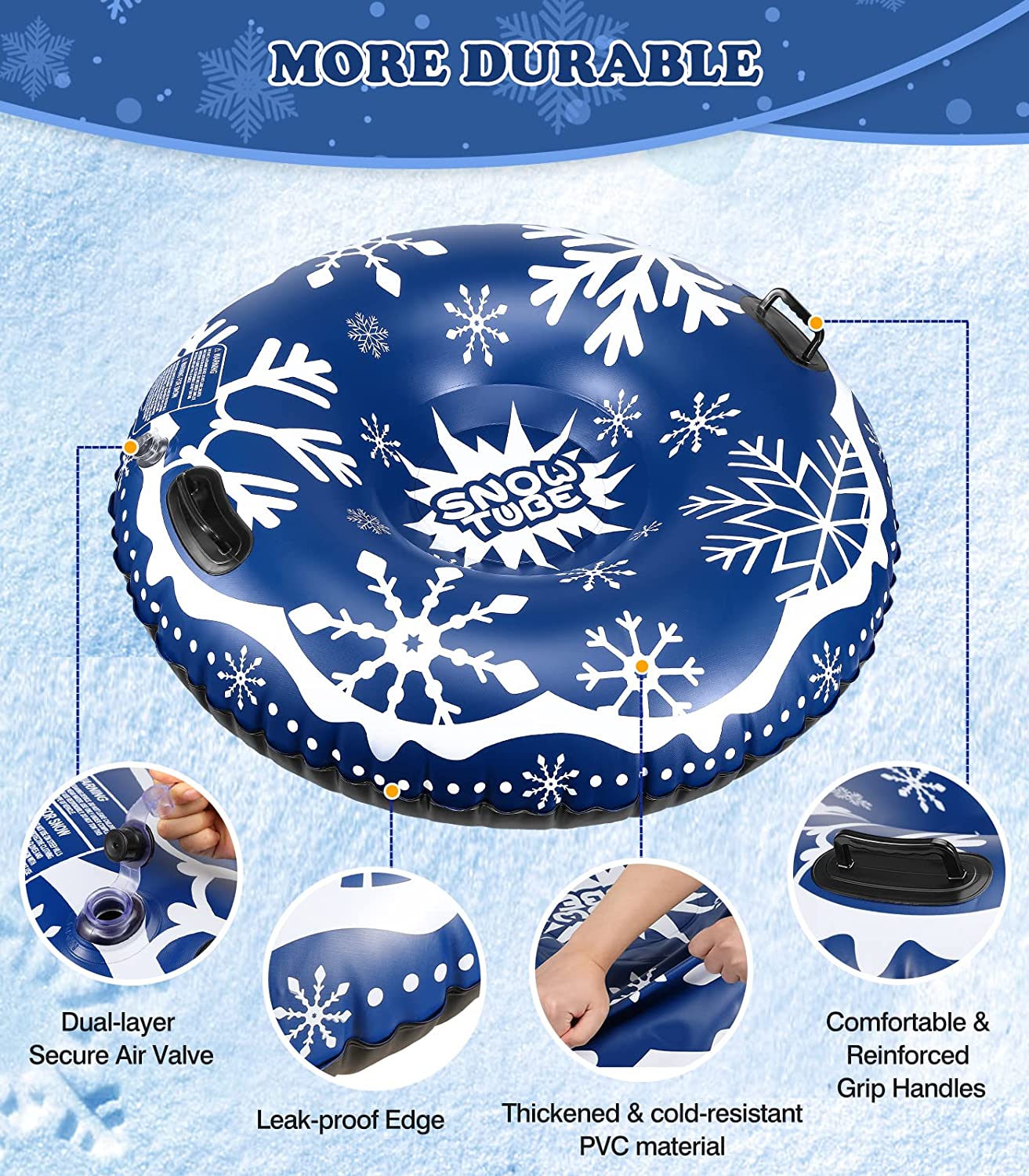MoKo Snow Tube Sled with Sturdy Handles, Inflatable 47" Round Winter Snow Float Sledding Tube for Young Kids and Adults, Snowflake