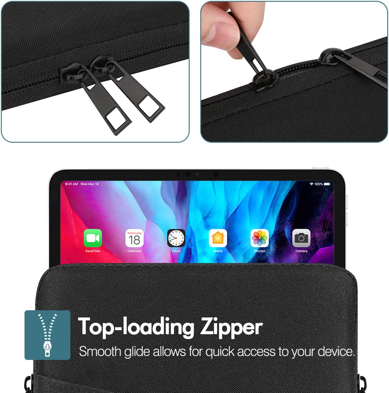 MoKo 9-11 Inch Tablet Sleeve Fits iPad air 5 10.9" 2022, iPad Pro 11 2021-2018, iPad 9/8/7th Gen 10.2, iPad Air 4 10.9, iPad Air 3 10.5, iPad 9.7, Tab A 10.1, Polyester Bag with Pocket, Black