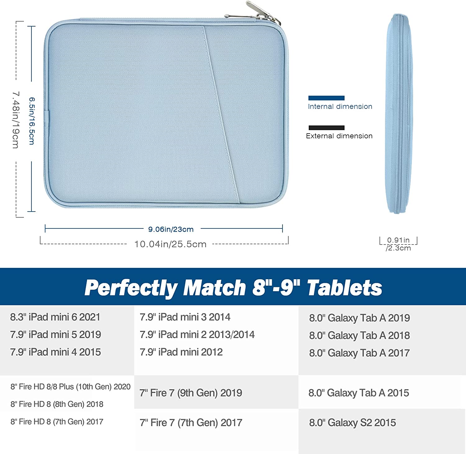MoKo 8-9 Inch Tablet Sleeve, Fits iPad Mini 6 5/4/3/2/1, Galaxy Tab A7 Lite 8.7/Tab A 8.0/Tab A 8.4, Tab 8.0,Protective Bag Carrying Case with Slanted Pocket, Misty Blue