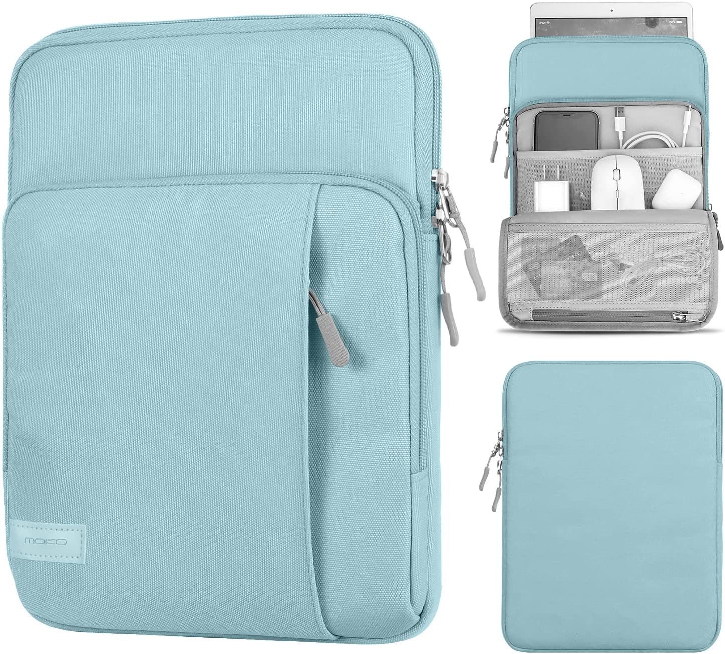MoKo 9-11 Inch Tablet Sleeve Bag Carrying Case with Storage Pockets Fits iPad air 5 10.9" 2022, iPad Pro 11 2021/2020, iPad 9/8/7th Gen 10.2, iPad Air 4 10.9, Tab A 10.1, Tab S8 11", Mint Green