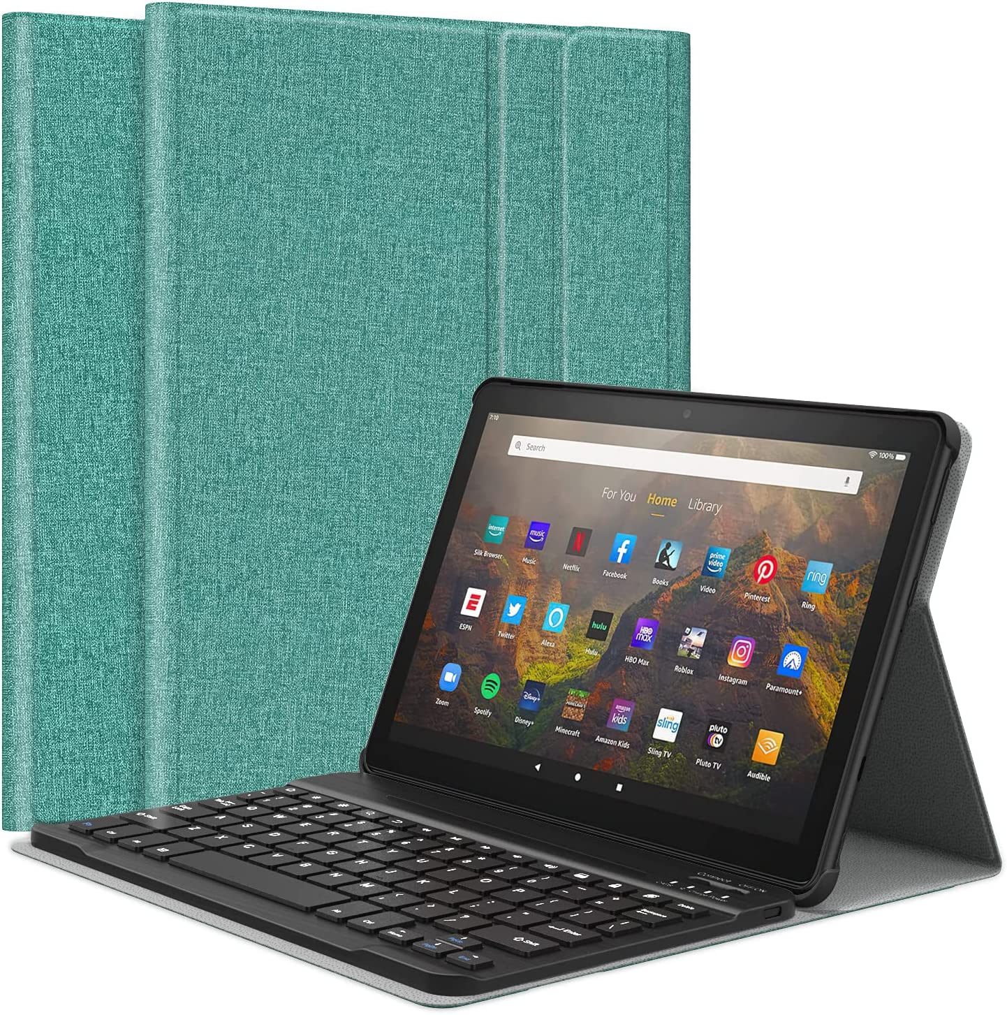 MoKo Keyboard Case Fits All-New Kindle Fire HD 10 & 10 Plus Tablet (11th Generation, 2021 Release) 10.1",PU Tablet Cover Shell Case with Removable Wireless Bluetooth Keyboard, Green