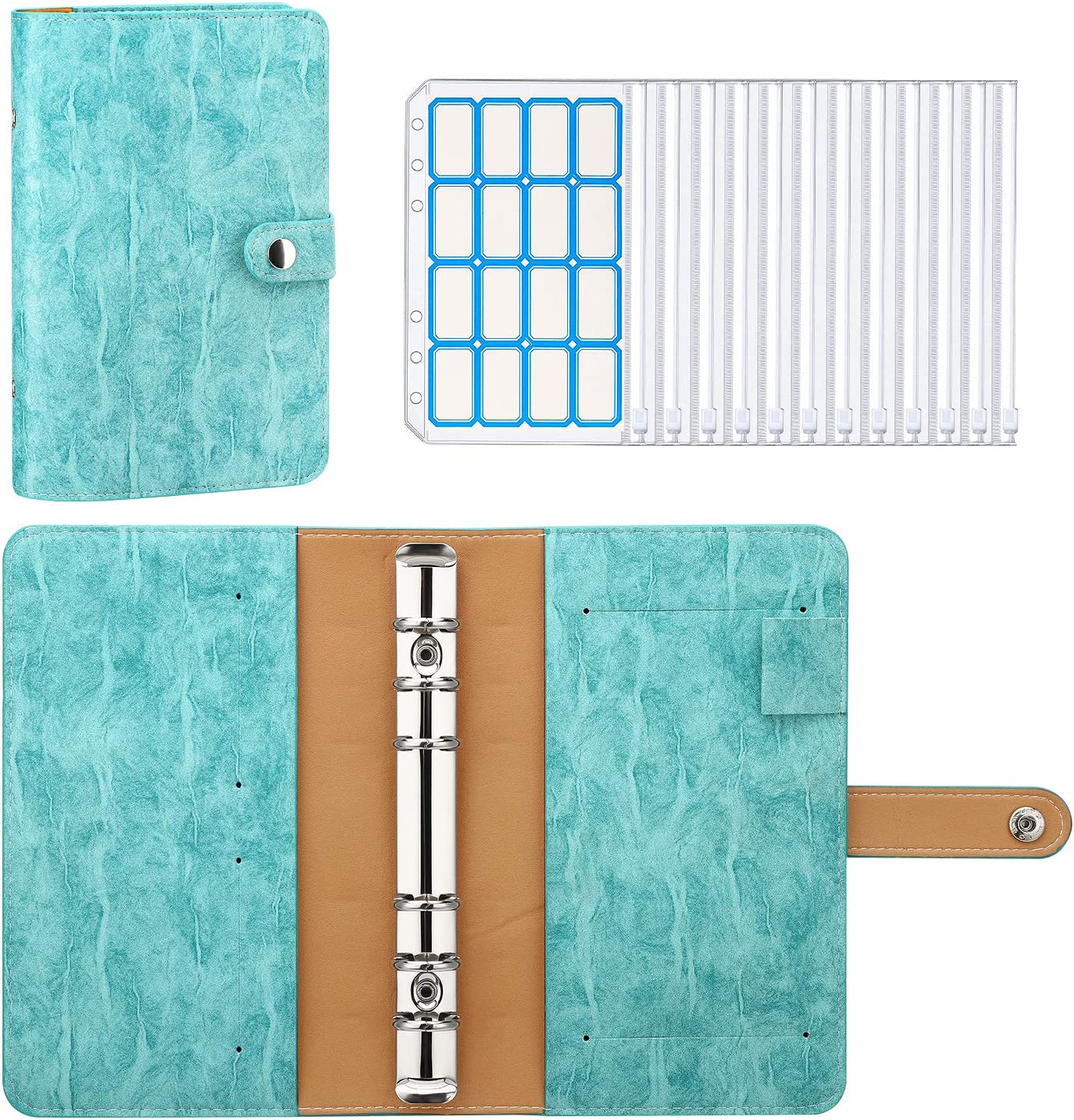 MoKo Budget Binder with Zipper Envelopes,A6 Binder Notebook,6-Ring Loose-Leaf PU Leather Binder Cover Folder Budget Planner with 12-Pack Clear Cash Envelopes Pockets & Label Stickers,Light Blue