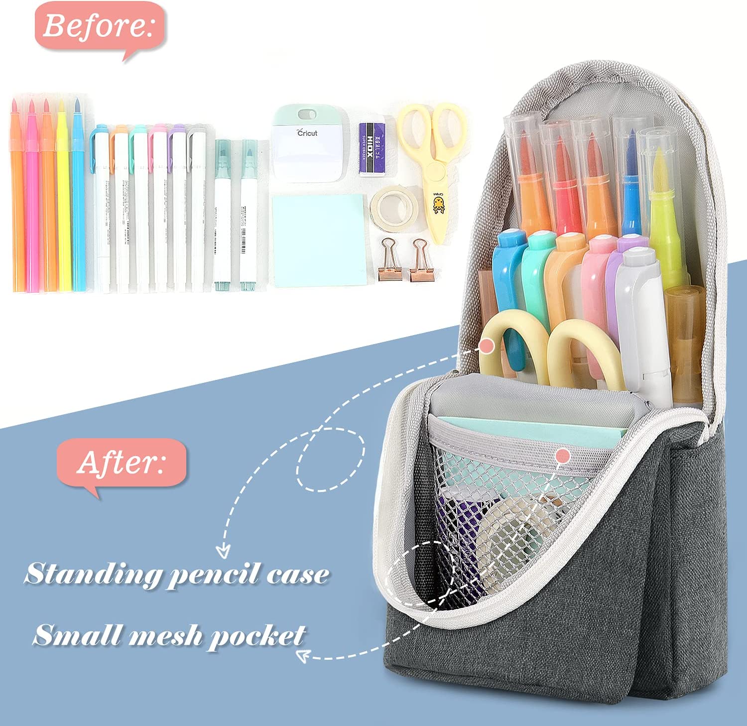 MoKo Standing Pencil Case, Spacious Pen Holder Polyester Stand Up Pencil Pouch Stationery Organizer School Supplies Storage with Zipper for School Office College Teen Student, Gray