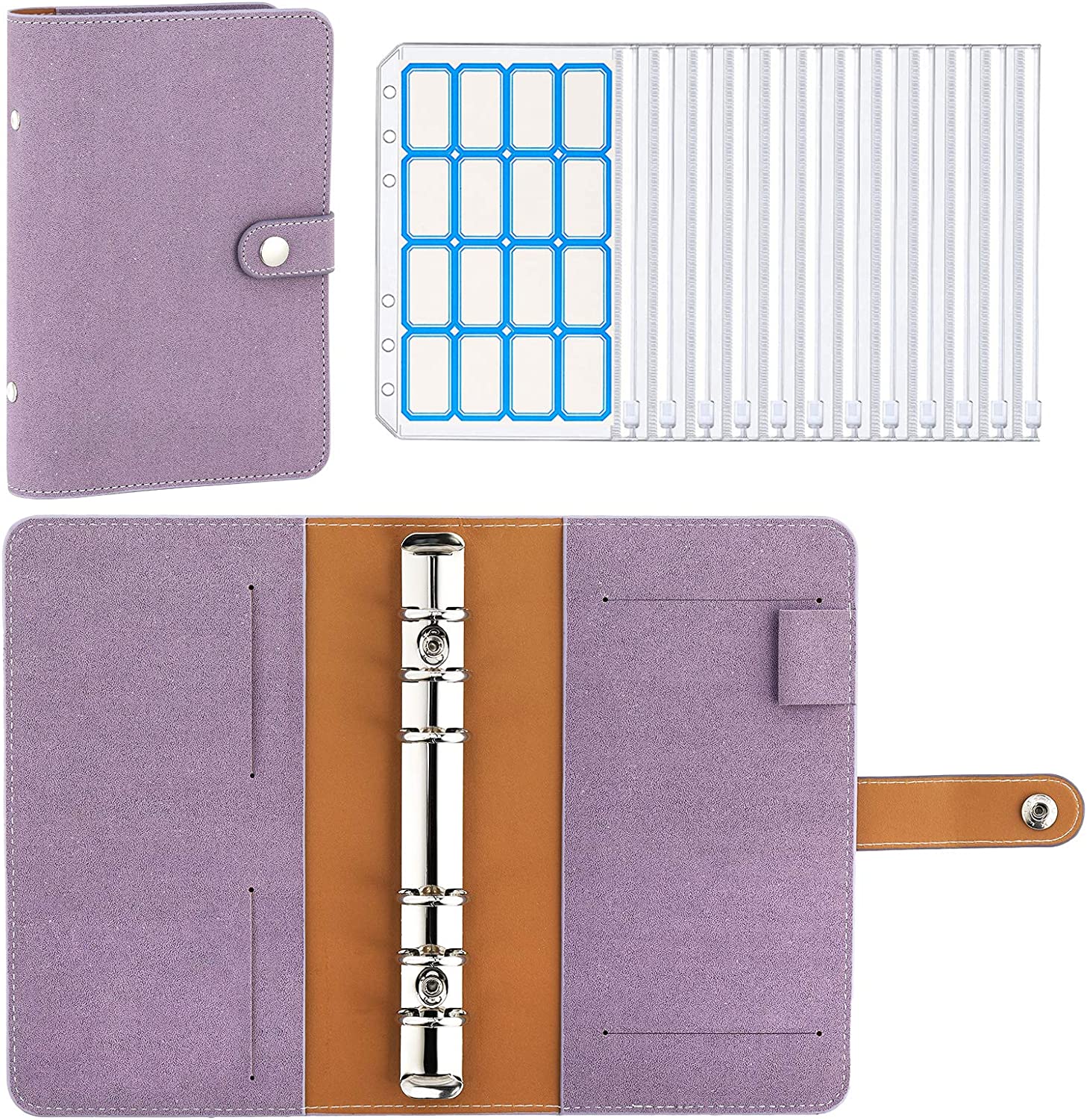 MoKo Budget Binder with Zipper Envelopes,A6 Binder Notebook,6-Ring Loose-Leaf PU Leather Binder Cover Folder Budget Planner with 12-Pack Clear Cash Envelopes Pockets & Label Stickers,Light Blue