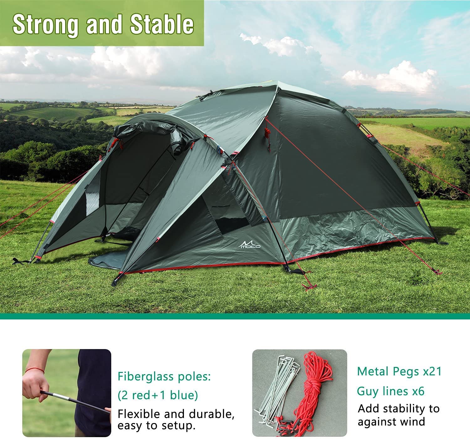 MoKo Emergency Survival Tent, Waterproof Family Camping Dome Tent 3 Person, Portable Outdoor Instant Cabin Tent, 4-Season Double Layer Sun Shelter Shade for Hiking, Backpacking, Mountaineering