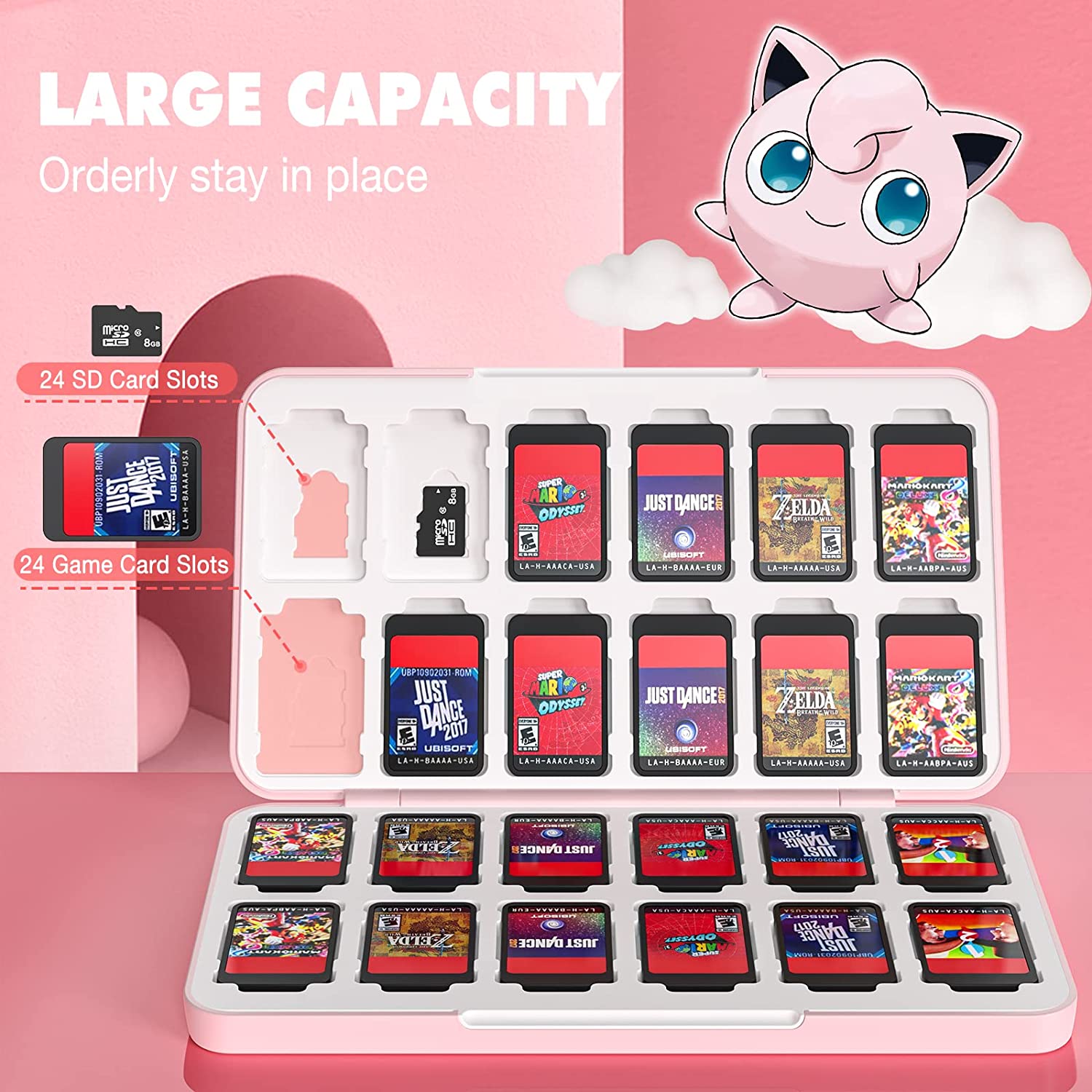 MoKo 24 Game Card Case Compatible with Nintendo Switch OLED 2021/Switch/Switch Lite, Switch Games Holder case for Switch Game Card & SD Card, Slim & Portable Game Card Storage Box, Pink Elf