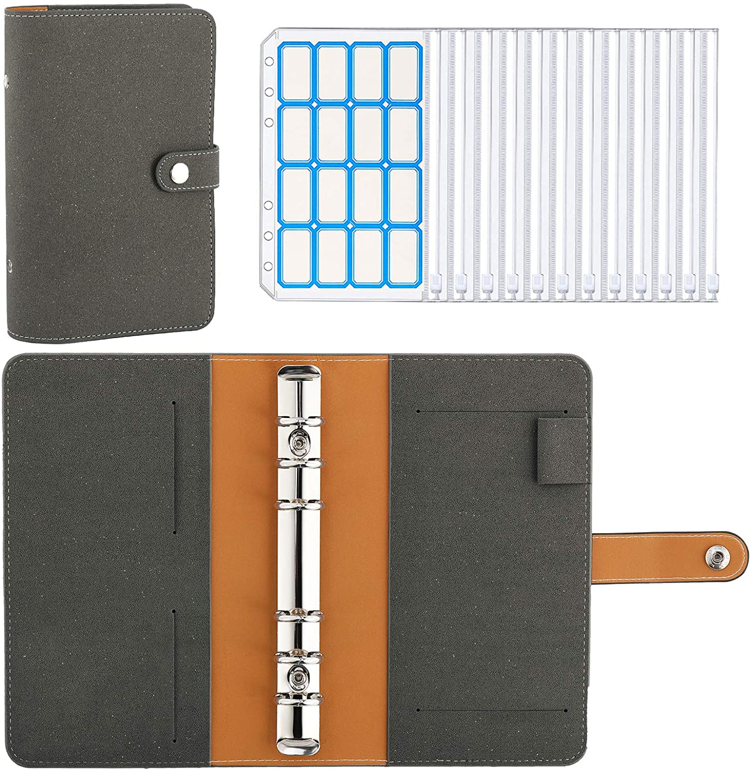 MoKo Budget Binder with Zipper Envelopes,A6 Binder Notebook,6-Ring Loose-Leaf PU Leather Binder Cover Folder Budget Planner with 12-Pack Clear Cash Envelopes Pockets & Label Stickers,Light Blue