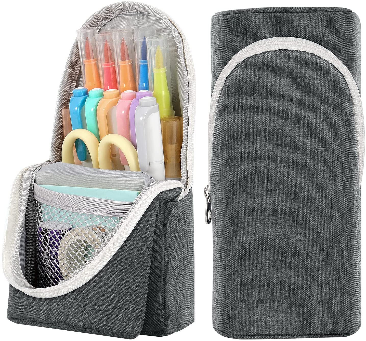 MoKo Standing Pencil Case, Spacious Pen Holder Polyester Stand Up Pencil Pouch Stationery Organizer School Supplies Storage with Zipper for School Office College Teen Student, Gray