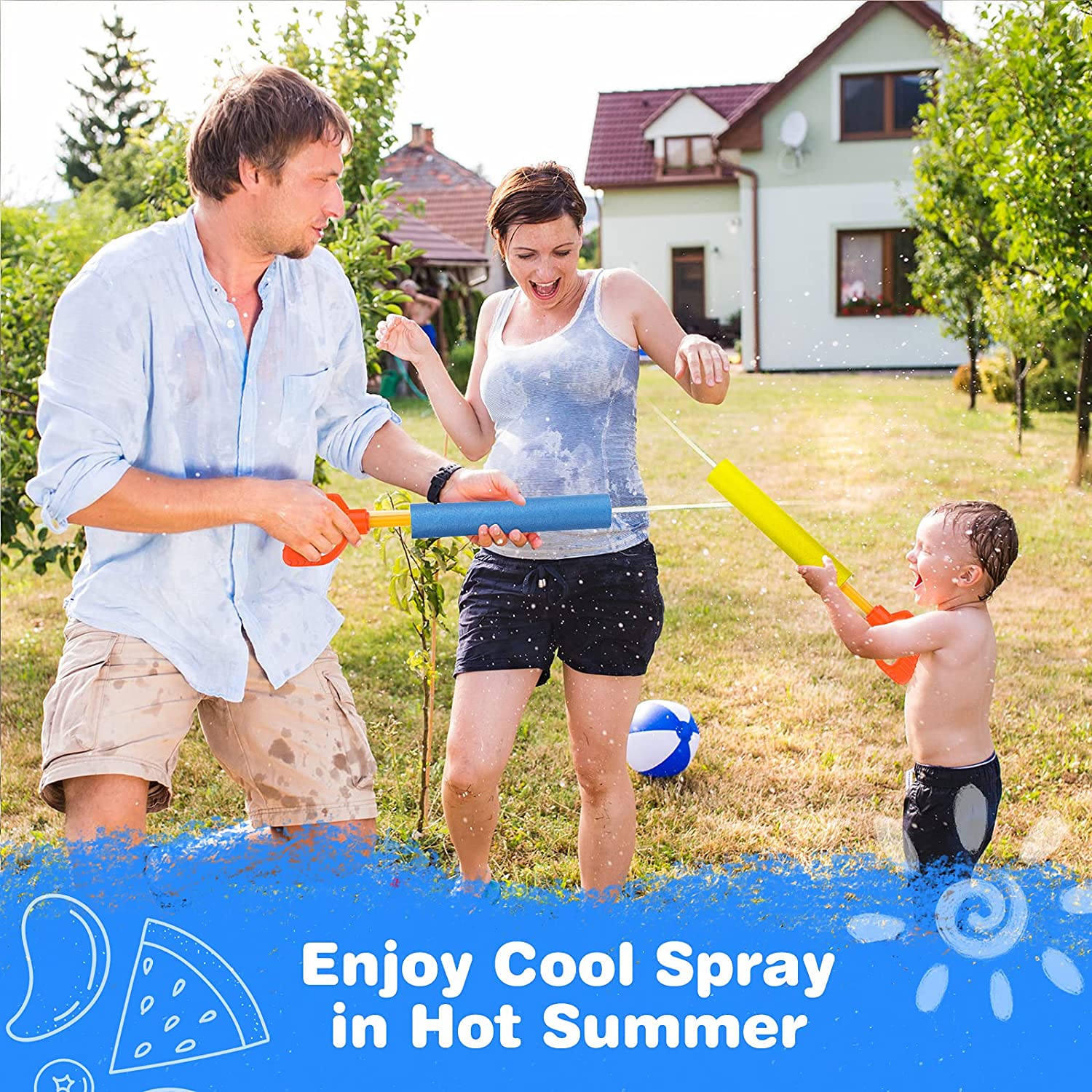MoKo Water Pistol for Adults & Kids, 6 Pack Water Blaster Foam Shooter Set Cannon Pool Accessories with 35ft Shooting Range Length for Summer Outdoor Beach Game, Blue+Yellow+Red+Green