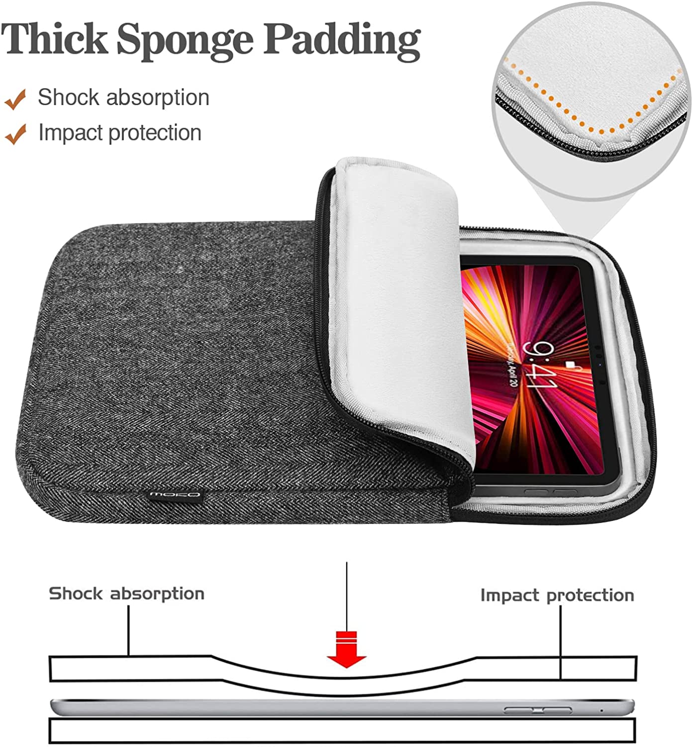 MoKo 9-11 Inch Tablet Sleeve Bag, Wool and Polyester Pouch Cover Case Fits Tab S8 11", iPad Pro 11 2021-2018, iPad 9/8/7th Gen 10.2, iPad Air 4 10.9, iPad Air 3 10.5, iPad 9.7, Black & Gray
