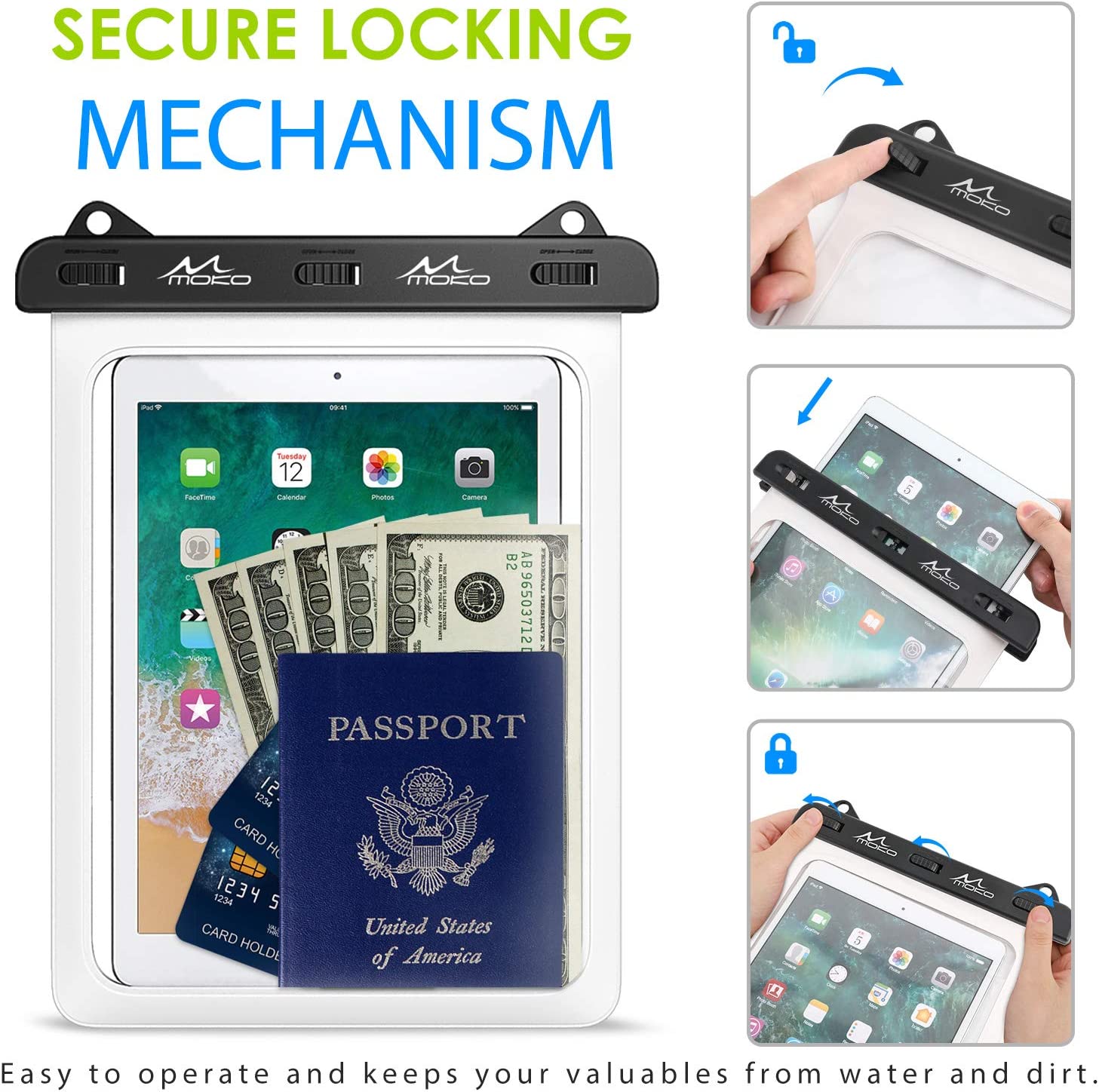 MoKo Waterproof Tablet Case, Tablet Pouch Dry Bag Fit iPad 9, iPad 10.2 2020, iPad Mini 6/5/4/3, iPad Air 5 10.9/4, Air 3 10.5, iPad Pro 11 2021/10.5, iPad 9.7, Galaxy Tab S6/S7, Tab A 9.7, up to 12"