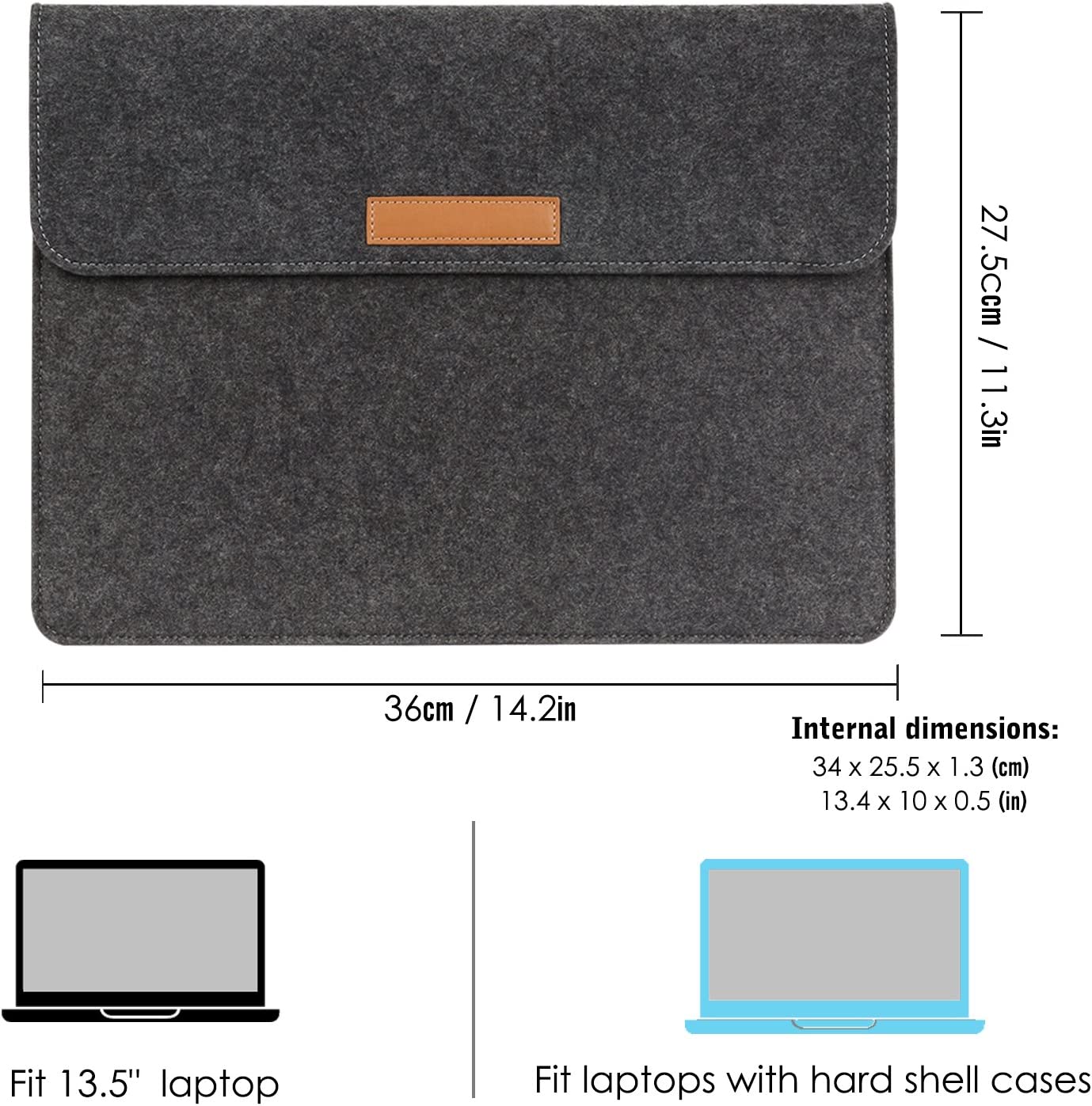 MoKo 13.5 Inch Laptop Sleeve Case Bag Fits Tab S8 Ultra 14.6", Surface 3 13.5"/2/1/Surface Book 2 13.5, Felt Protective Ultrabook Carrying Case Cover, with Felt Bag & Two Back Pockets - Dark Gray