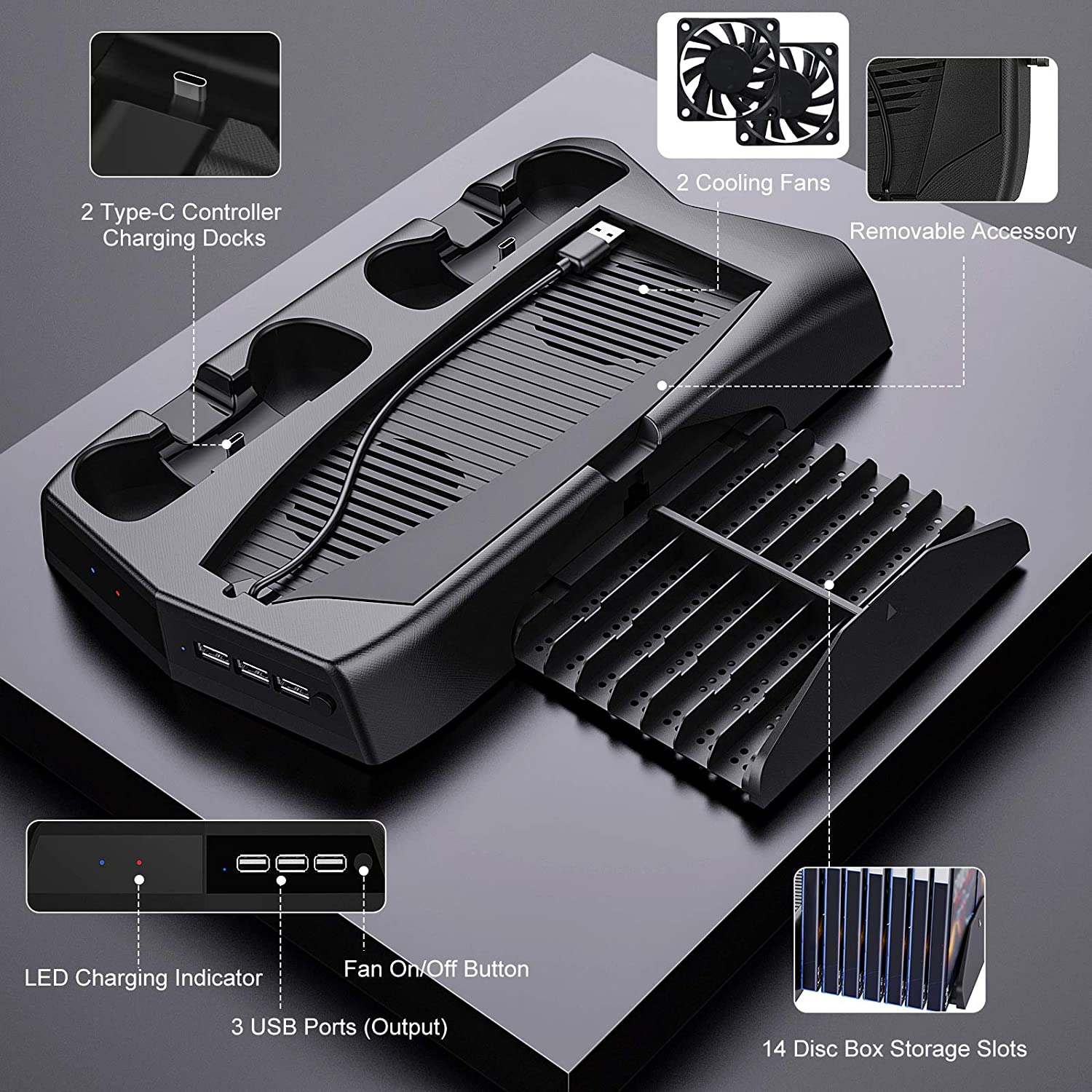 MoKo PS5 Cooling Stand with Charging Station and Suction Cooling Fan, Dual Controller Charging Station Compatible with Playstation 5 PS5 Console, Charging Dock Station with 14 Game Slots & 3 USB Ports