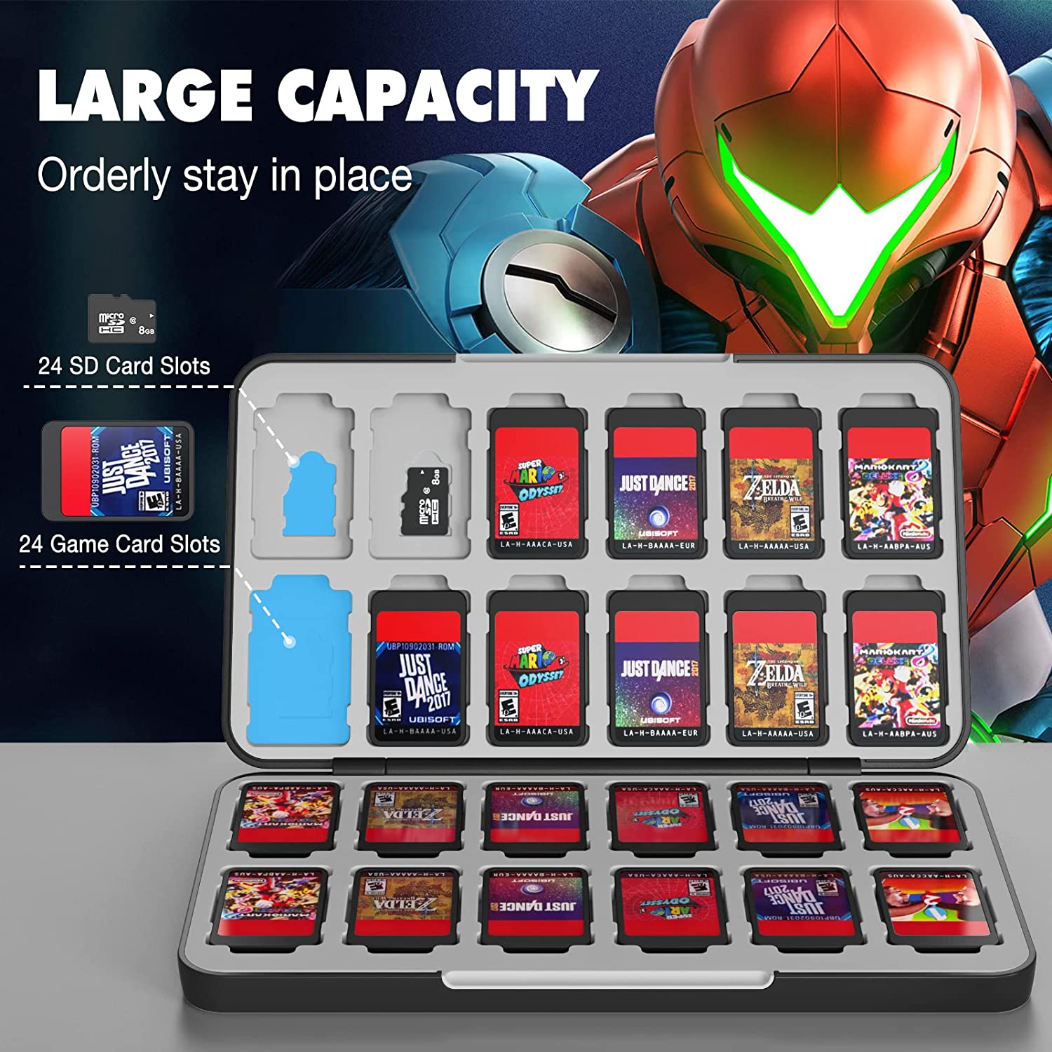MoKo 24 Game Card Case Compatible with Nintendo Switch OLED 2021/Switch/Switch Lite, Switch Games Holder case for Switch Game Card & SD Card, Slim & Portable Game Card Storage Box, Black & White Game
