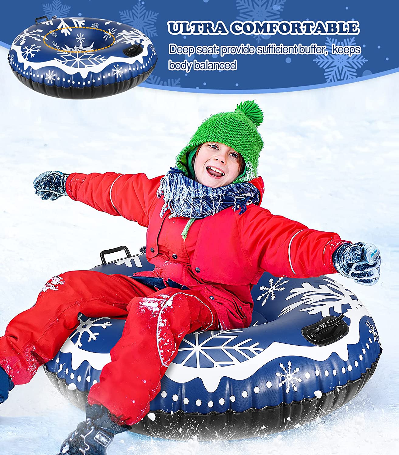 MoKo Snow Tube Sled with Sturdy Handles, Inflatable 47" Round Winter Snow Float Sledding Tube for Young Kids and Adults, Snowflake