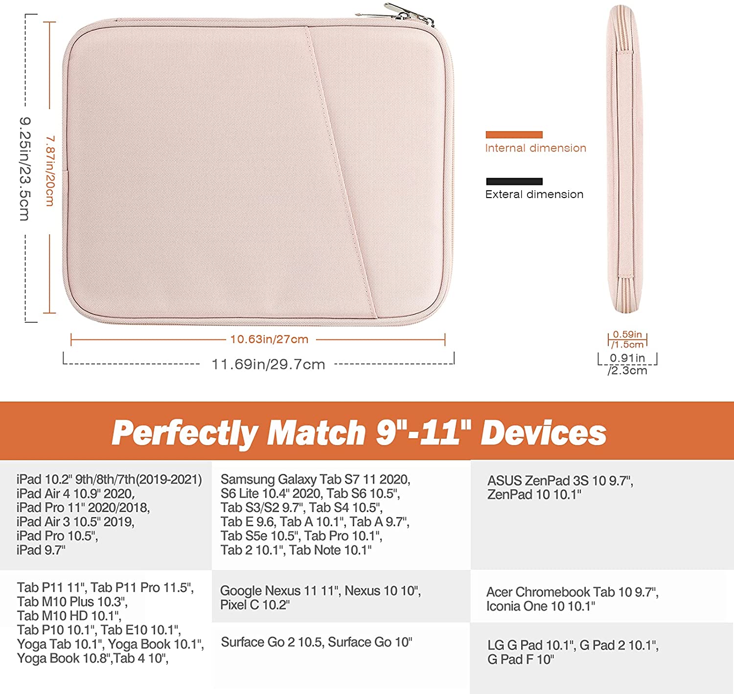 MoKo 9-11 Inch Tablet Sleeve Case, Fits iPad air 5 10.9" 2022, iPad Pro 11 2021-2018, iPad 10.2 2021-2019, iPad Air 4 10.9, Tab S8/A7, Protective Bag Carrying Case with Pocket, Pink