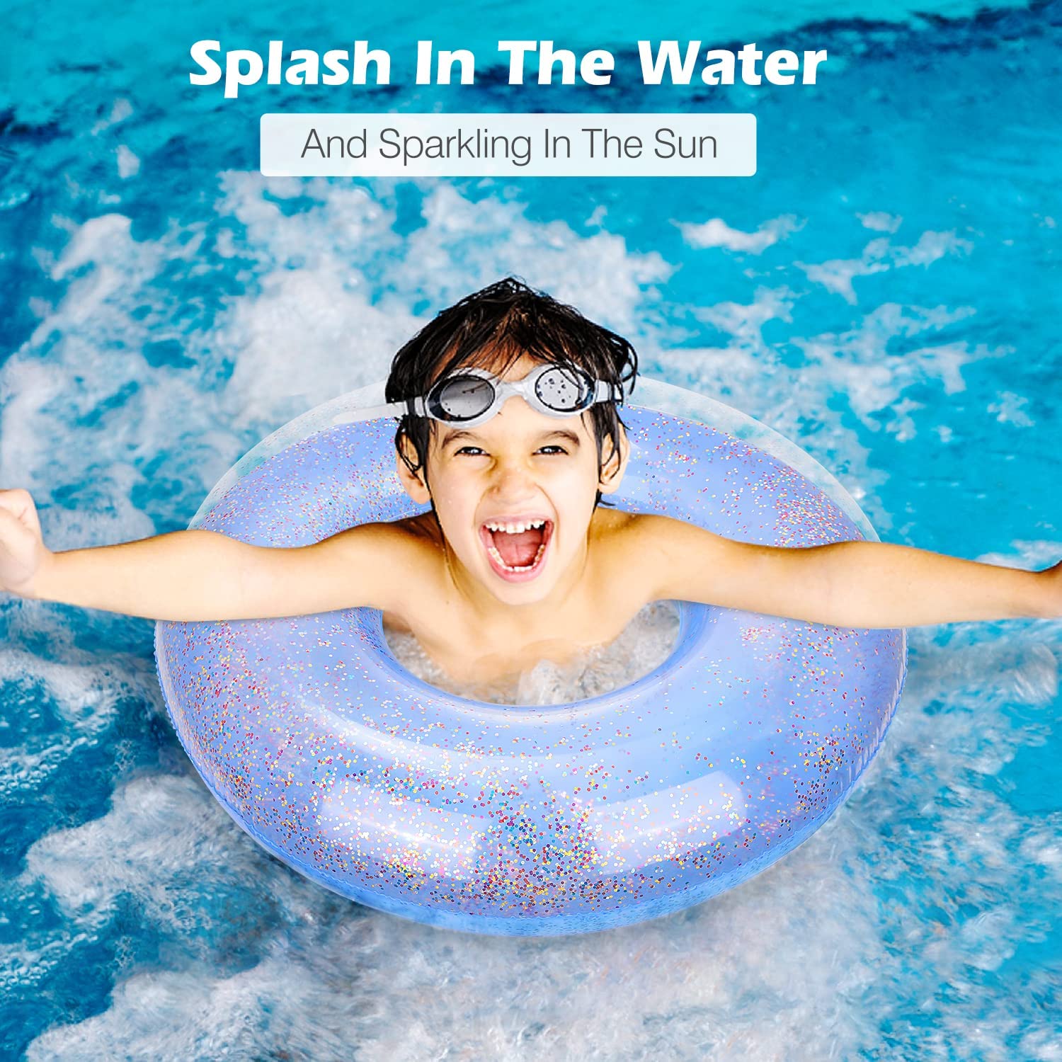 MoKo Swim Rings with Glitter, 90cm Diameter Inflatable Pool Float Swimming Pool Float Tube Round Shaped Swimming Tube Water Fun Beach Pool Toys for Summer Party for Kids Adults - Blue