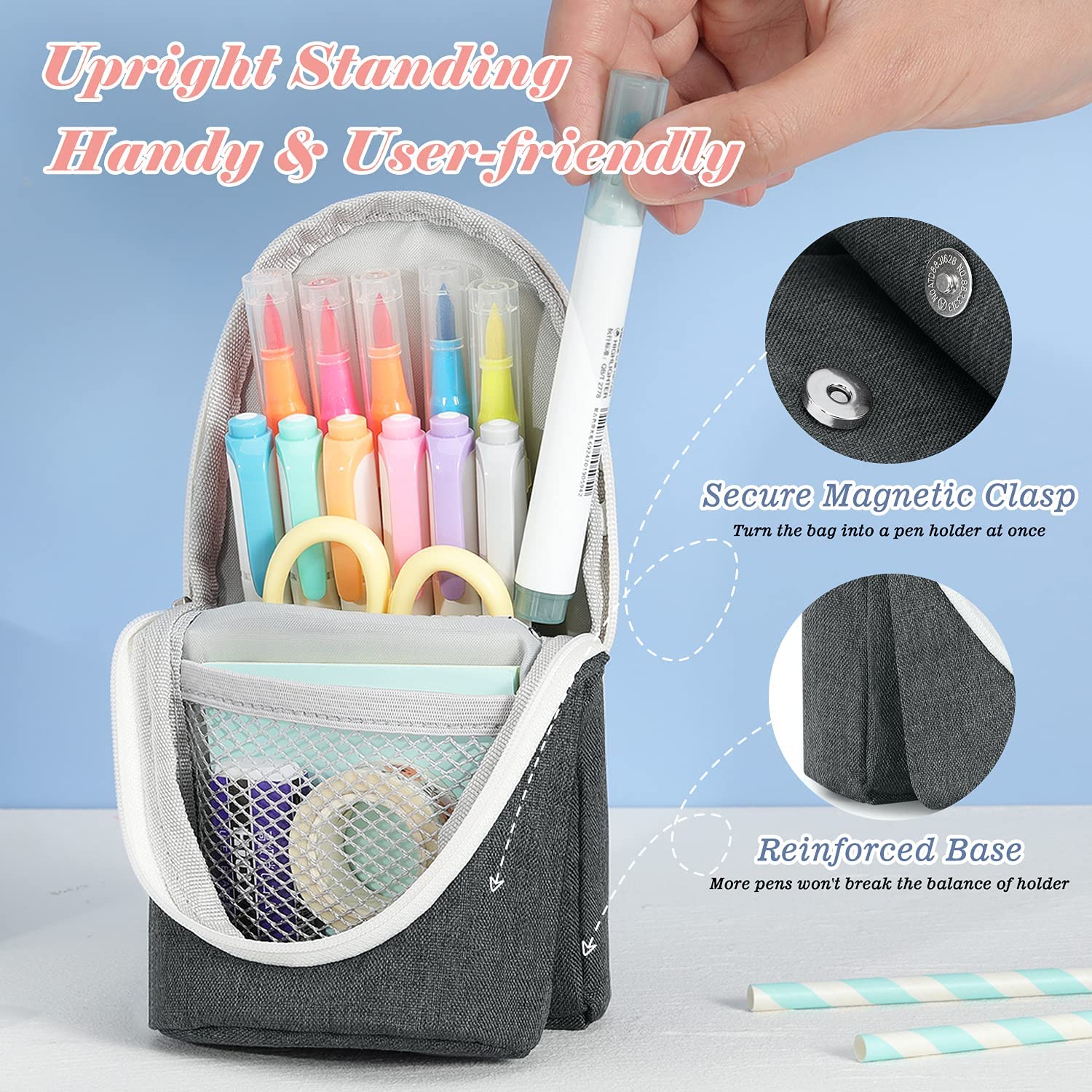 MoKo Standing Pencil Case, Spacious Pen Holder Polyester Stand Up Pencil Pouch Stationery Organizer School Supplies Storage with Zipper for School Office College Teen Student, Gray