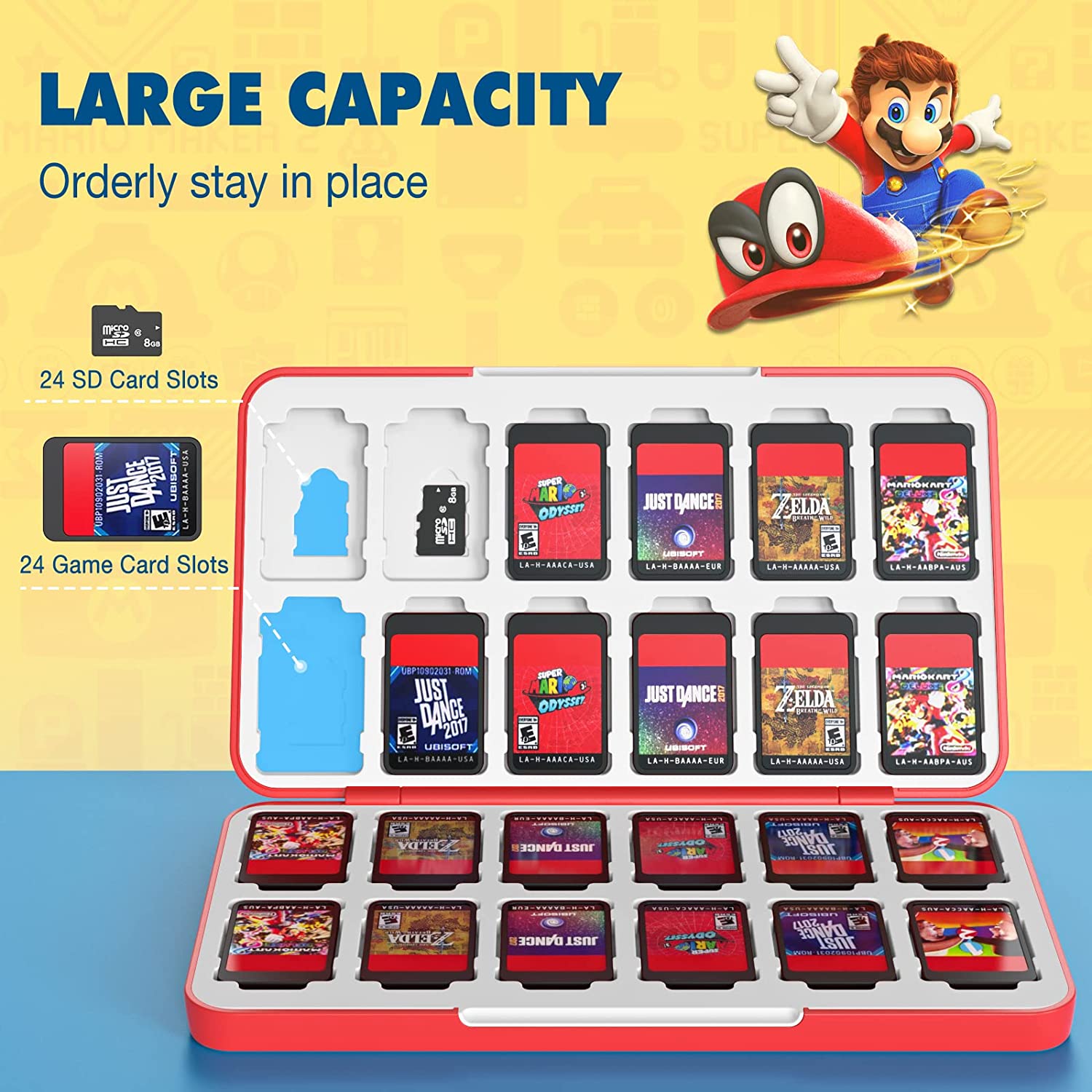 MoKo 24 Game Card Case Compatible with Nintendo Switch OLED 2021/Switch/Switch Lite, Switch Games Holder case for Switch Game Card & SD Card, Slim & Portable Game Card Storage Box, Mario Red