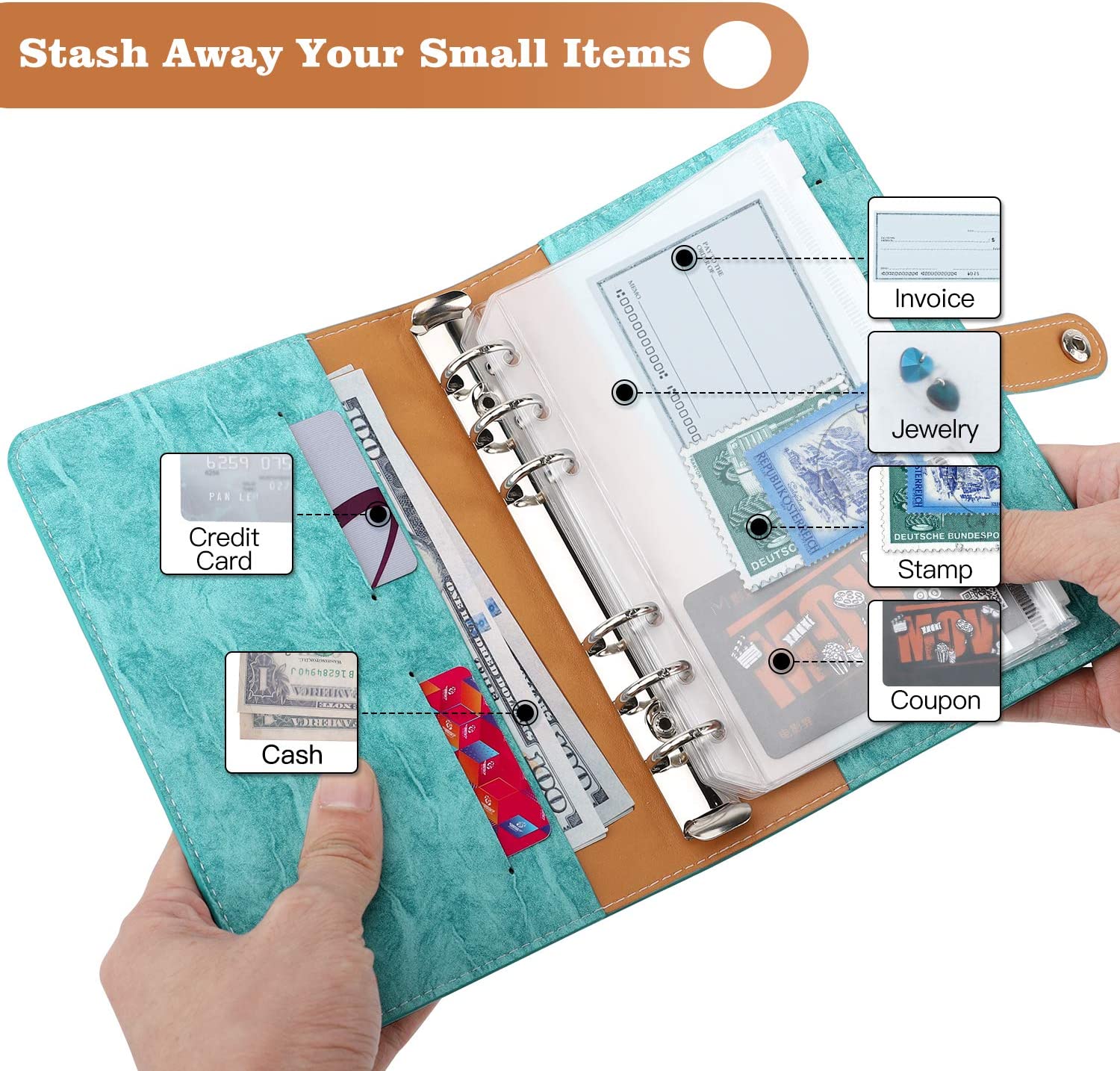 MoKo Budget Binder with Zipper Envelopes,A6 Binder Notebook,6-Ring Loose-Leaf PU Leather Binder Cover Folder Budget Planner with 12-Pack Clear Cash Envelopes Pockets & Label Stickers,Light Blue