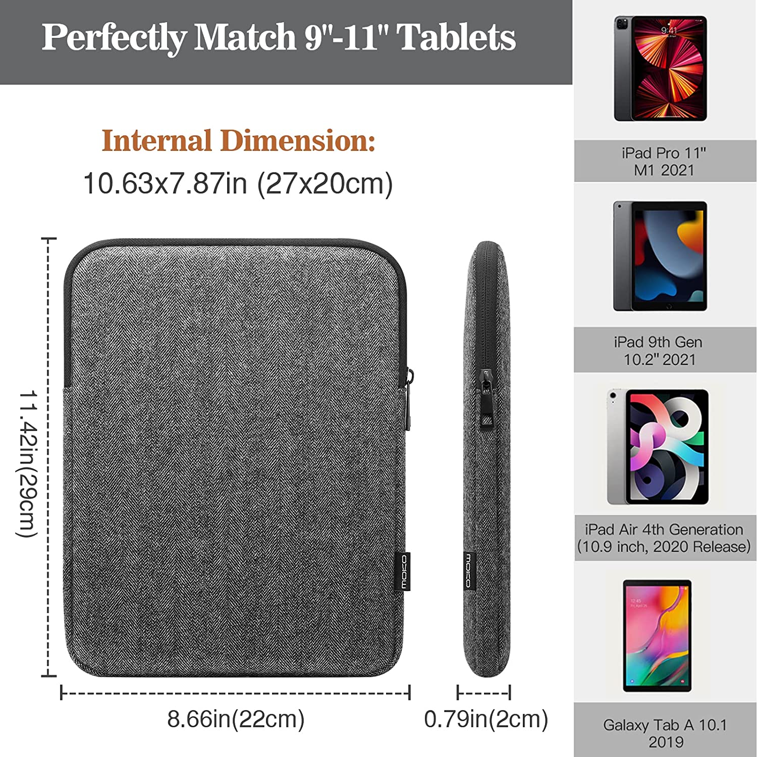 MoKo 9-11 Inch Tablet Sleeve Bag, Wool and Polyester Pouch Cover Case Fits Tab S8 11", iPad Pro 11 2021-2018, iPad 9/8/7th Gen 10.2, iPad Air 4 10.9, iPad Air 3 10.5, iPad 9.7, Black & Gray