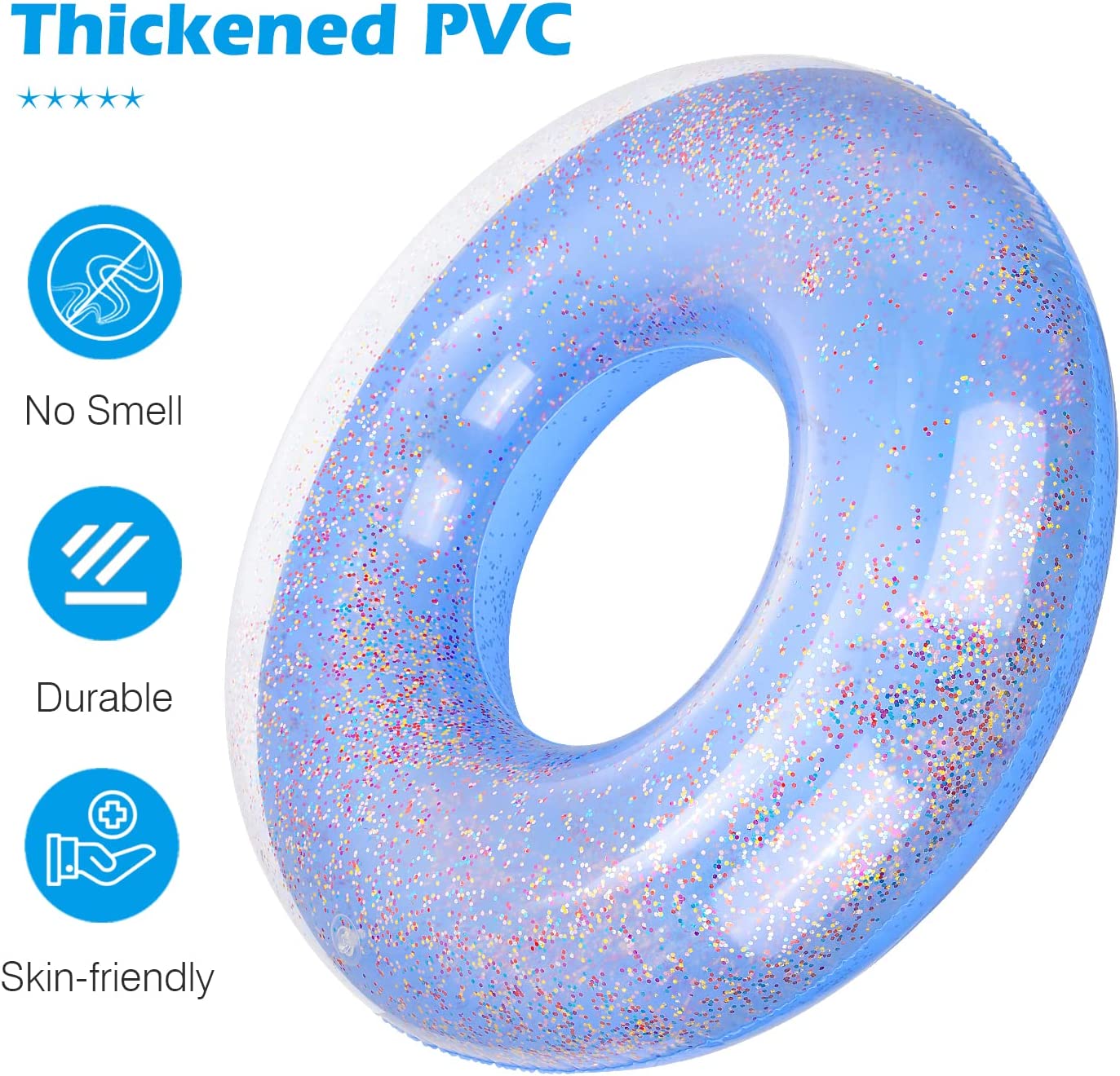 MoKo Swim Rings with Glitter, 90cm Diameter Inflatable Pool Float Swimming Pool Float Tube Round Shaped Swimming Tube Water Fun Beach Pool Toys for Summer Party for Kids Adults - Blue