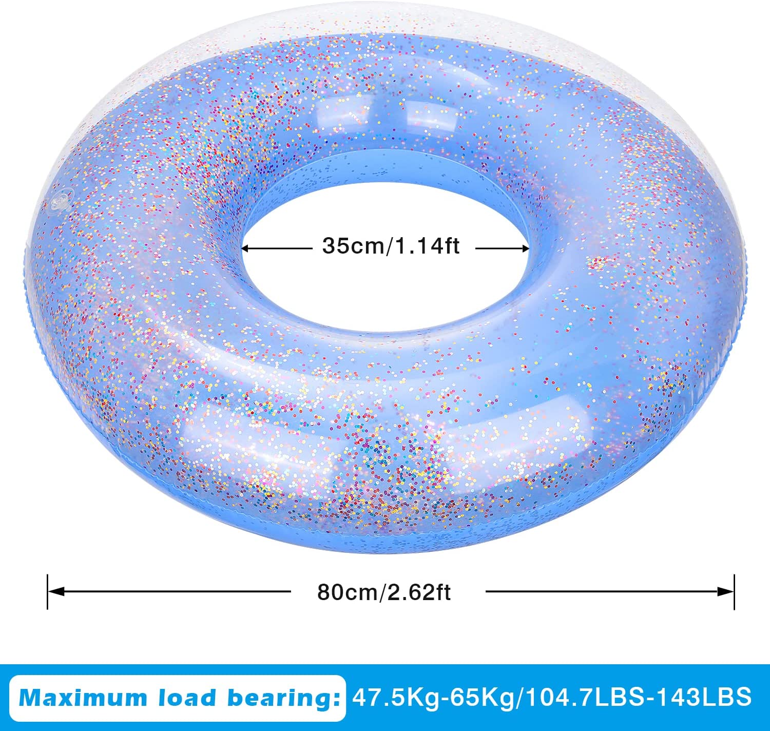 MoKo Swim Rings with Glitter, 90cm Diameter Inflatable Pool Float Swimming Pool Float Tube Round Shaped Swimming Tube Water Fun Beach Pool Toys for Summer Party for Kids Adults - Blue