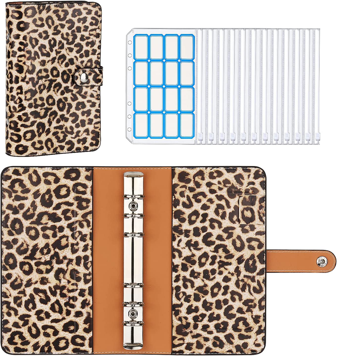 MoKo Budget Binder with Zipper Envelopes,A6 Binder Notebook,6-Ring Loose-Leaf PU Leather Binder Cover Folder Budget Planner with 12-Pack Clear Cash Envelopes Pockets & Label Stickers,Light Blue