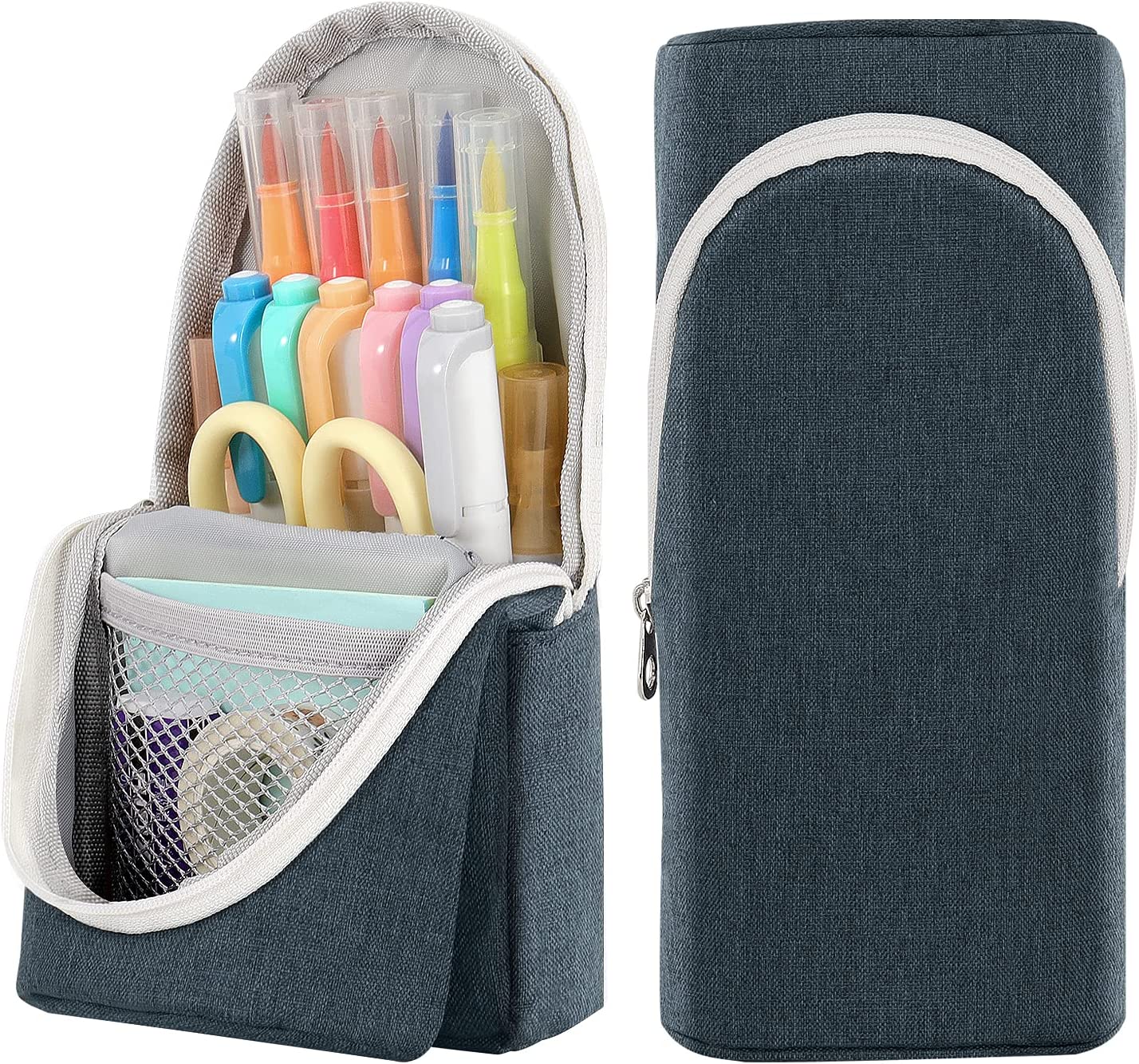 MoKo Standing Pencil Case, Spacious Pen Holder Polyester Stand Up Pencil Pouch Stationery Organizer School Supplies Storage with Zipper for School Office College Teen Student, Gray