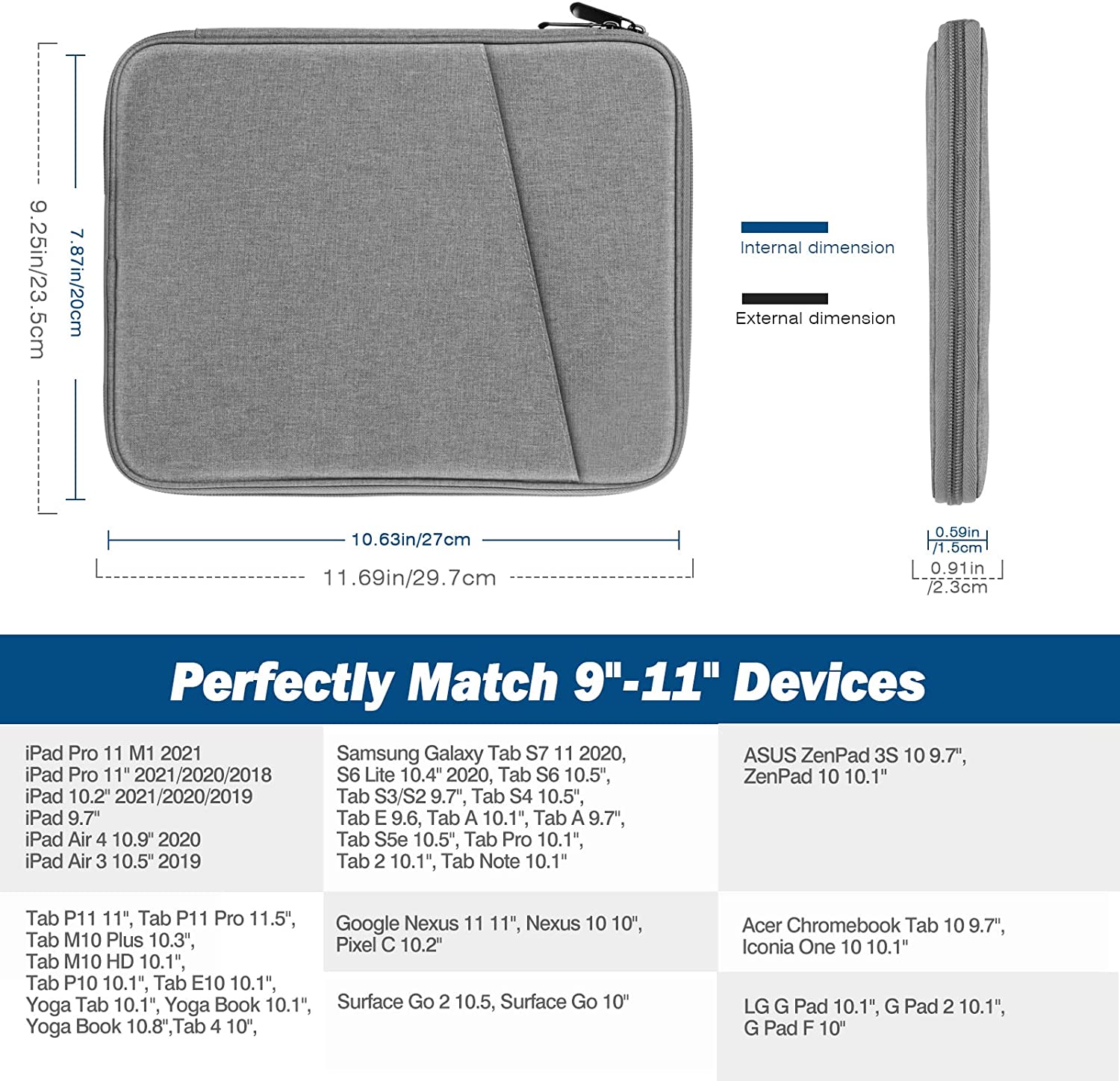 MoKo 9-11 Inch Tablet Sleeve Case, Fits iPad air 5 10.9" 2022, iPad Pro 11 2021-2018, iPad 10.2 2021-2019, iPad Air 4 10.9, Tab S8/A7, Protective Bag Carrying Case with Pocket, Light Gray