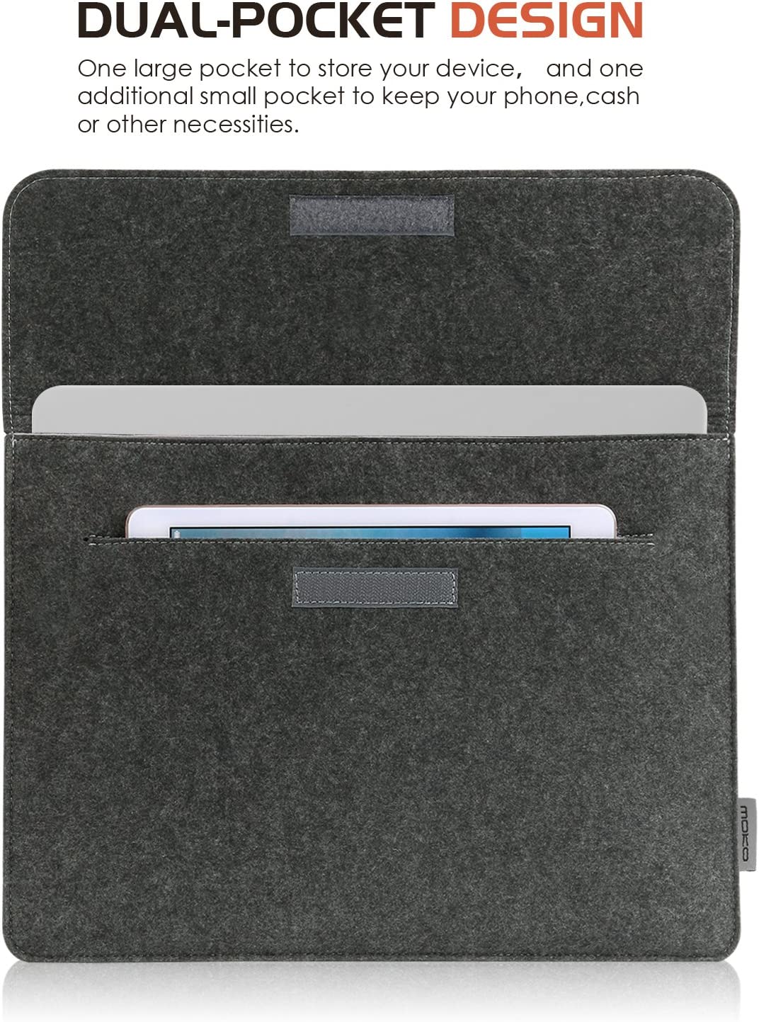 MoKo 13.5 Inch Laptop Sleeve Case Bag Fits Tab S8 Ultra 14.6", Surface 3 13.5"/2/1/Surface Book 2 13.5, Felt Protective Ultrabook Carrying Case Cover, with Felt Bag & Two Back Pockets - Dark Gray