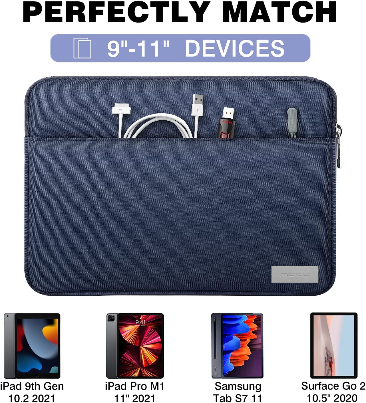 MoKo 11 Inch Tablet Sleeve Bag Carrying Case Fits iPad air 5 10.9 inch 2022, iPad Pro 11 2021-2018, iPad 9/8/7th Gen 10.2, iPad Air 4 10.9/Air 3 10.5, Tab S8 11"/Tab A 10.1, Tab S6,Indigo