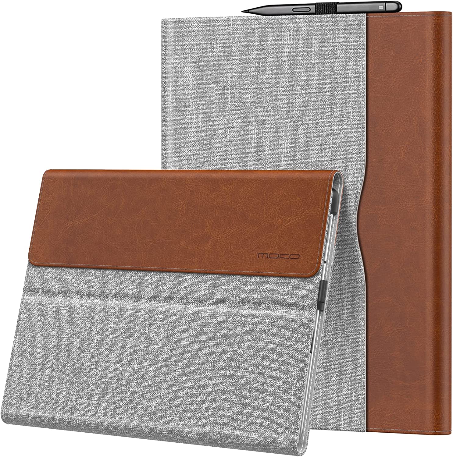 MoKo Case for Microsoft Surface Pro 8 13" Touchscreen 2021 Release Tablet - Portfolio Business Cover Case with Side Pocket and Stylus Holder for Microsoft Surface Pro 8 13-Inch 2021, Light Gray+Brown