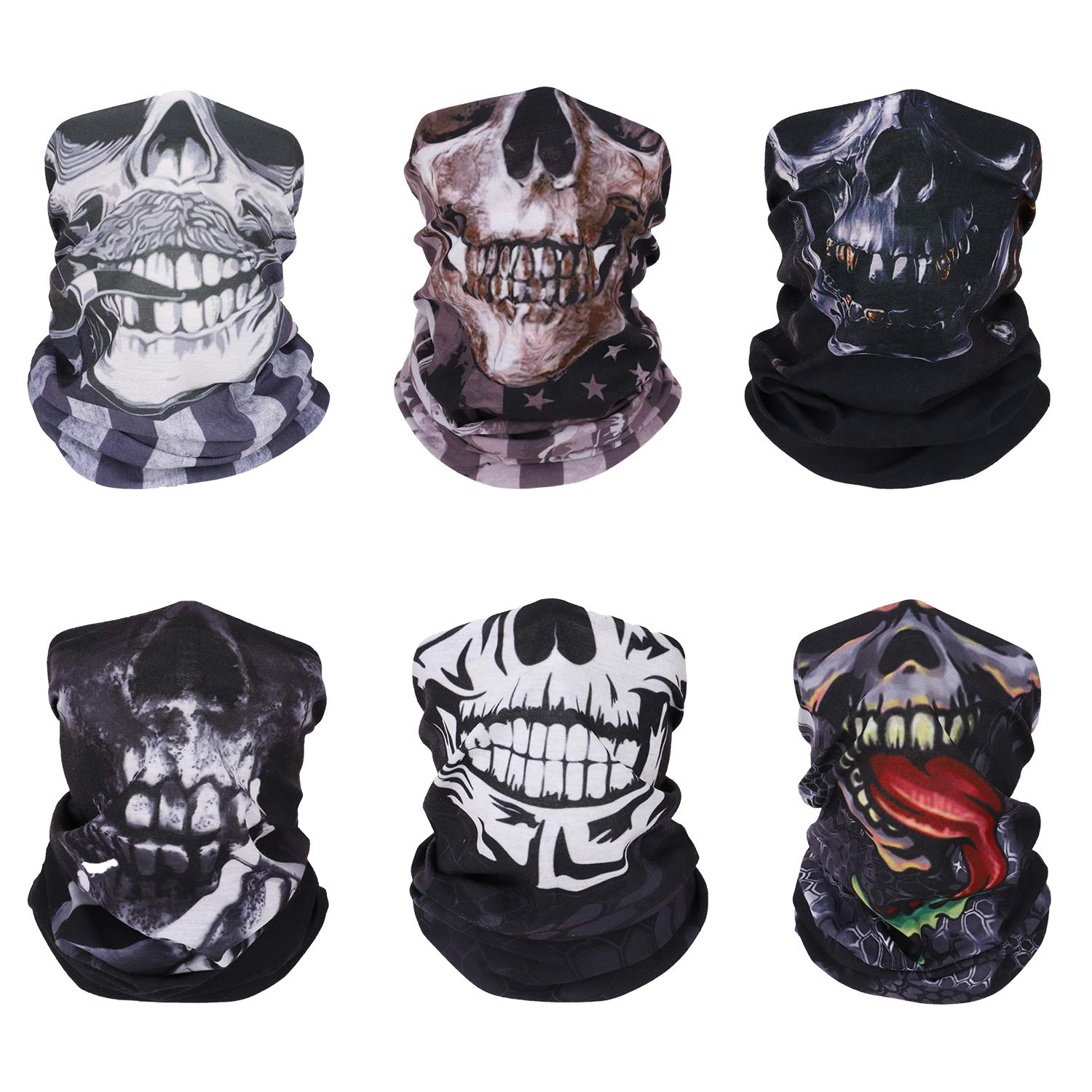 MoKo Halloween Face Mask, 6 Pack Neck Gaiter Shield Scarf Elastic Balaclava Headbands, Windproof Skull Bandana Motorcycle Cycling Riding Skiing