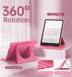 MoKo 360° Rotating Case for 7" Kindle Paperwhite 12th Generation 2024 & Kindle Colorsoft 2024/2025, Clear Back Detachable Magnetic Protective Adjustable Stand Cover with Auto Wake/Sleep, Raspberry