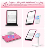 MoKo 360° Rotating Case for 7" Kindle Paperwhite 12th Generation 2024 & Kindle Colorsoft 2024/2025, Clear Back Detachable Magnetic Protective Adjustable Stand Cover with Auto Wake/Sleep, Raspberry