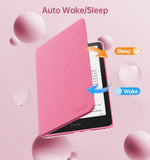 MoKo 360° Rotating Case for 7" Kindle Paperwhite 12th Generation 2024 & Kindle Colorsoft 2024/2025, Clear Back Detachable Magnetic Protective Adjustable Stand Cover with Auto Wake/Sleep, Raspberry