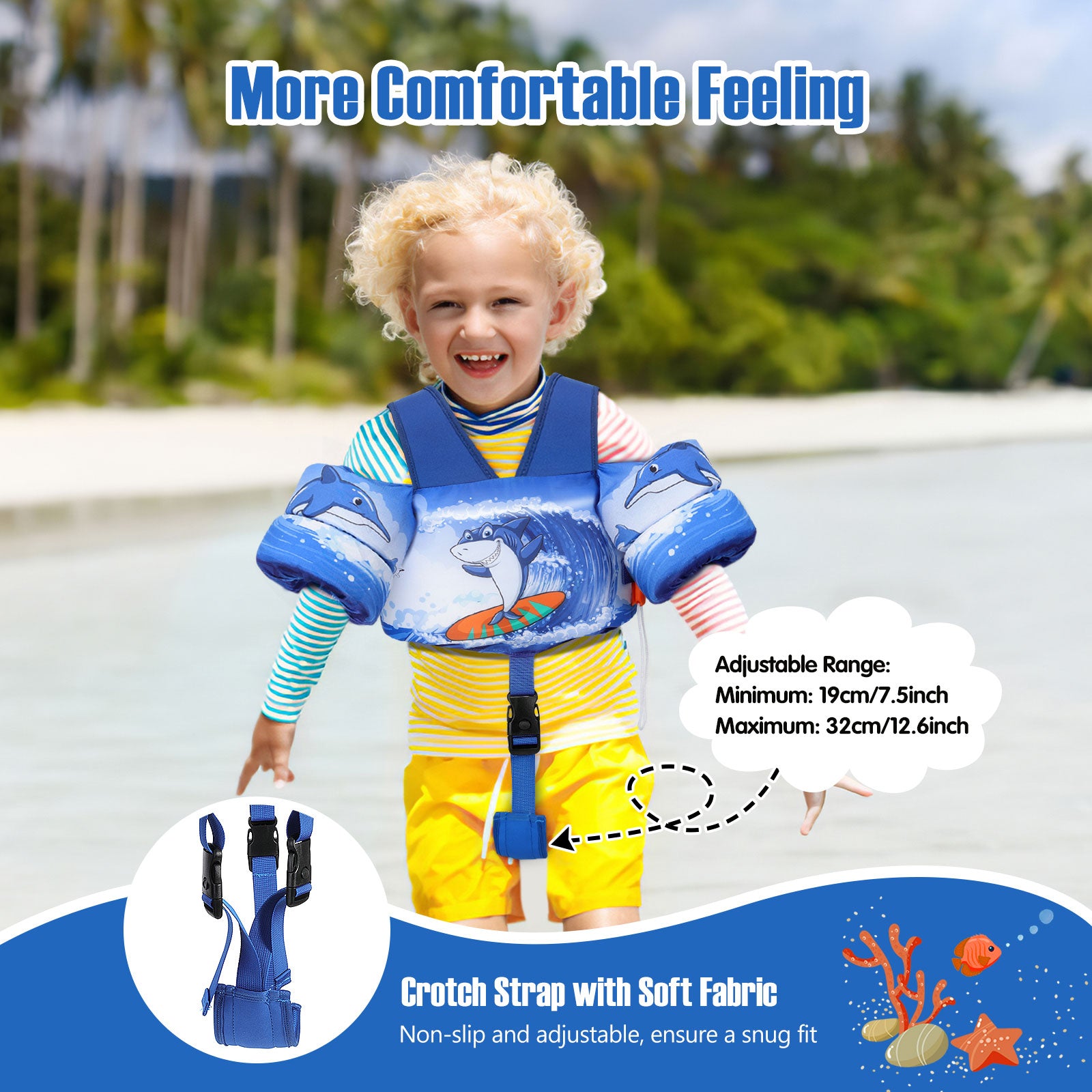 MoKo Toddler Floaties Swim Vest For 13 30/20 50/30 70lbs, Swimming Water Wings For Puddle Pool Beach, Sky Blue Shark