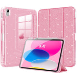 MoKo Slim Case for iPad (A16) 11th Generation 11 Inch 2025,iPad 10th Generation 2022 10.9 Inch,Glitter Smart Cover with Pencil Holder,Sparkly Clear Back Shell,Auto Wake/Sleep, Glitter Bouquet Pink