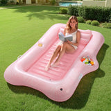 MoKo Pool Floats Adult, 82" x 50" Large Floating Bed with Ice Bar, Tanning Bed Pool Raft Inflatable Lounger with Drink Holder Tanning Chair Inflatable Pool Toys for Party Beach Backyard, Pink Leaf