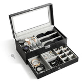 MoKo Watch Box Organizer, 2 Layers Lockable Sunglasses Jewelry Organizer with Glass Lid for Men Women, Watch Display Case Jewelry Box for Watches, Sunglasses, Tie Pins, Cufflinks, Rings, Black