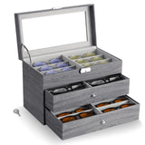 MoKo Sunglasses Organizer with 18 Slots, 3-layer Leather Sunglass Display Collection Holder Case with Drawer Clear Glass Lid, Lockable Eyeglass Glass Jewelry Watch Storage Box for Women Men, Gray