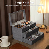 MoKo Sunglasses Organizer with 18 Slots, 3-layer Leather Sunglass Display Collection Holder Case with Drawer Clear Glass Lid, Lockable Eyeglass Glass Jewelry Watch Storage Box for Women Men, Gray
