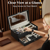 MoKo Watch Box Organizer, 2 Layers Lockable Sunglasses Jewelry Organizer with Glass Lid for Men Women, Watch Display Case Jewelry Box for Watches, Sunglasses, Tie Pins, Cufflinks, Rings, Black