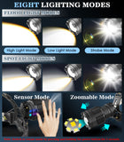 MoKo Rechargeable Headlamp, Super Bright 150000 Lumen Head Flashlight 30W White Light Beads IP68 Waterproof Sensor Headlight 90° Adjustable Head Lamp for Outdoor Running Camping Fishing Hunting, Black