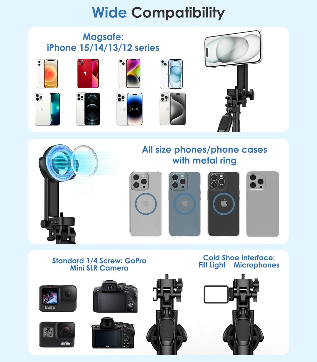 thumbnail interactive-video image 1 of VRIG 21.6" Magnetic Selfie Stick Tripod With Wireless Remote Extendable Phone Stand Tripod For Magsafe For Iphone 15 14 13 12 Pro Max Series All Android Phones With Magnetic Functionality 1 of 11