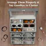 MoKo Sunglasses Organizer with 18 Slots, 3-layer Leather Sunglass Display Collection Holder Case with Drawer Clear Glass Lid, Lockable Eyeglass Glass Jewelry Watch Storage Box for Women Men, Gray