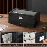 MoKo Watch Box Organizer, 2 Layers Lockable Sunglasses Jewelry Organizer with Glass Lid for Men Women, Watch Display Case Jewelry Box for Watches, Sunglasses, Tie Pins, Cufflinks, Rings, Black